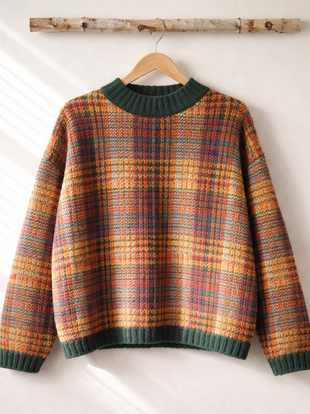 IVY Mohair Green Trim Multicolor  Plaid Crewneck Sweater L